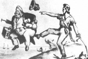 1848 की क्रान्तियों के दौरान लुटेरे और अत्याचारी शासक को जनता ने लात मारकर किनारे कर दिया। उस समय का एक प्रसिद्ध कार्टून। उन्हीं दिनों विख्यात रूसी क्रान्तिकारी लेखक अलेक्सान्द्र हर्ज़न ने लिखा थाः “यह अद्भुत समय है। अखबार उठाते हुए मेरे हाथ कँपकँपाने लगते हैं - हर दिन कोई न कोई अप्रत्याशित बात होती रहती है, बिजली का नया गर्जन सुनायी पड़ता है। या तो मानव जाति का नया उज्ज्वल पुनर्जन्म होने वाला है या क़यामत का दिन आ रहा है। लोगों के दिलों में नयी ताक़त आ गयी है, पुरानी आशाएँ फिर जाग उठी हैं और एक ऐसा साहस फिर हावी हो गया है जो कि सभी कुछ कर सकता है।”