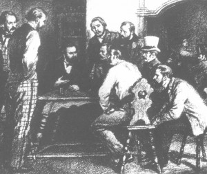 1844 में विभिन्न समाजवादी मण्डलियों के साथ विचार-विमर्श करते हुए मार्क्स और एंगेल्स