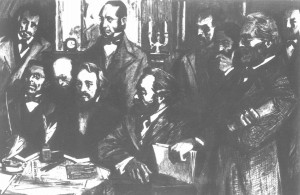 ‘कम्युनिस्ट लीग’ की केन्द्रीय समिति की बैठक, सबसे दायें बैठे हुए कार्ल मार्क्स।