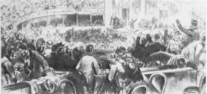 एक क्रान्तिकारी पेरिस क्लब की बैठक का दृश्य। कम्यून के दौरान लोगों को एकजुट और सक्रिय करने में क्रान्तिकारी पेरिस क्लबों ने बड़ी भूमिका निभायी थी।