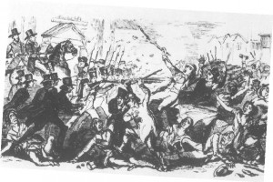 नॉटिंघम शहर में 1842 में पुलिस के हमले का मुक़ाबला करते हुए चार्टिस्ट मज़दूर