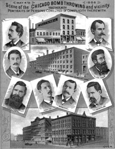 आठों गिरफ्तार मज़दूर नेताओं और शिकागो की घटनाओं की जगहों को दिखाने वाला उस समय का एक पोस्टर।